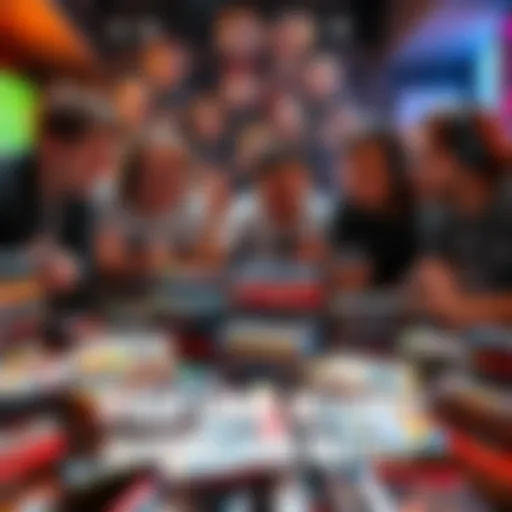 A group of happy gamers looking at a pile of new video game releases while discussing their favorites and planning future purchases