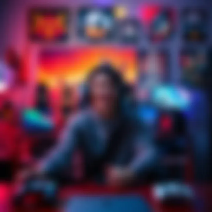 A person sitting in front of a gaming setup, looking eager and ready to start a new game, surrounded by game controllers and posters, with a joyful expression.