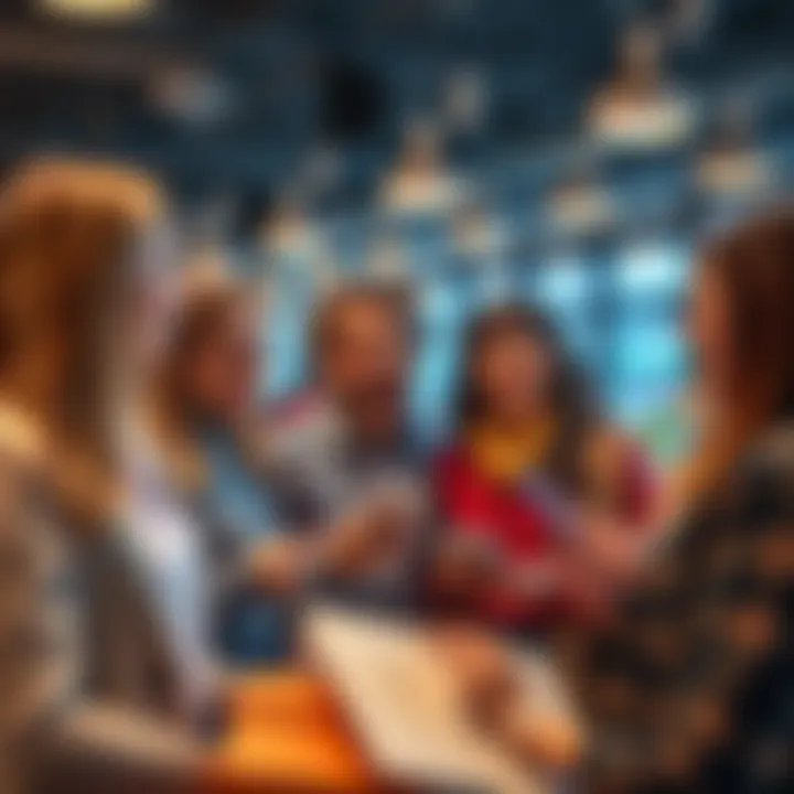 Group of people discussing and showing their recent purchases with smiles