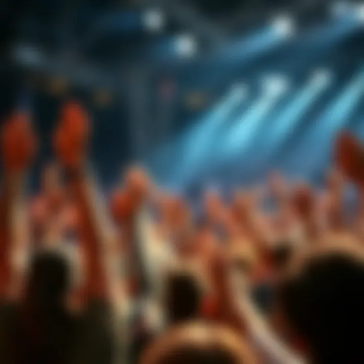 A lively crowd cheering enthusiastically with arms raised, embodying excitement and energy.