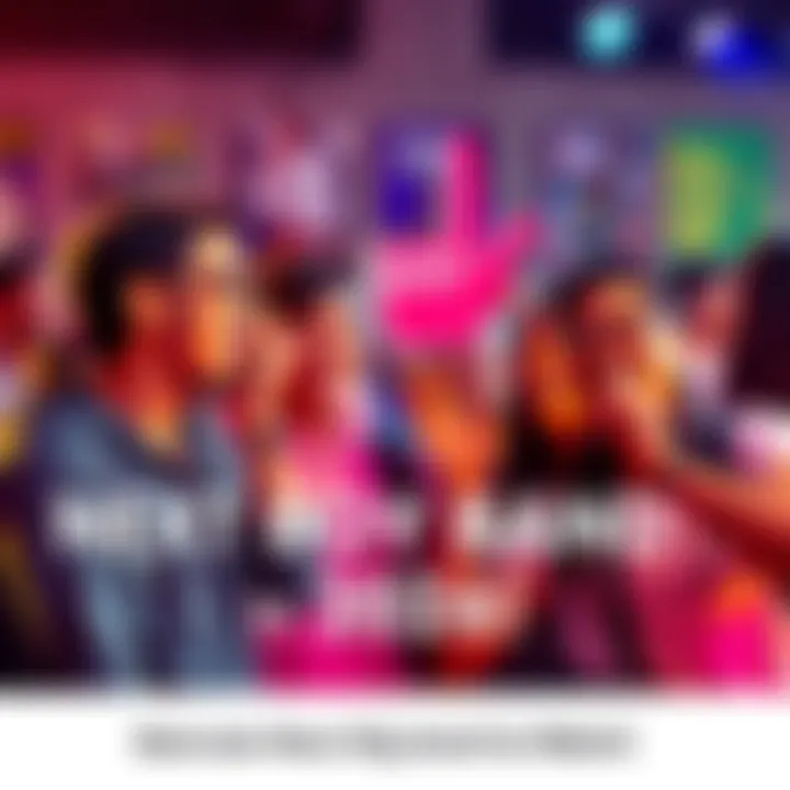 A group of young music fans enthusiastically talking about future boy bands, with excitement in the air and posters in the background.