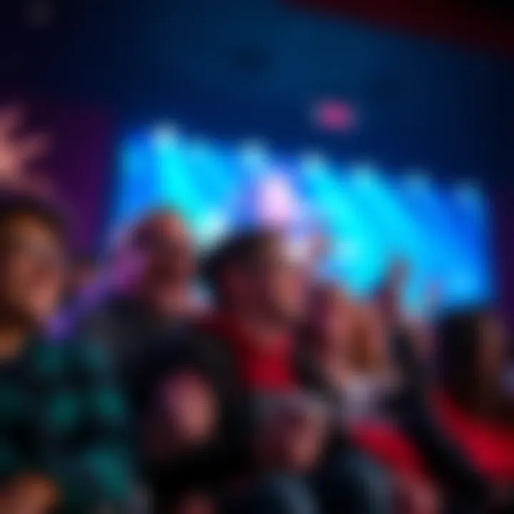A group of enthusiastic fans reacting joyfully to a surprising movie cameo in a theater setting