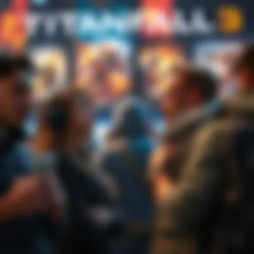 Excited Fans Discuss Titanfall 3 Group of fans eagerly talking about Titanfall 3 with game posters in the background.