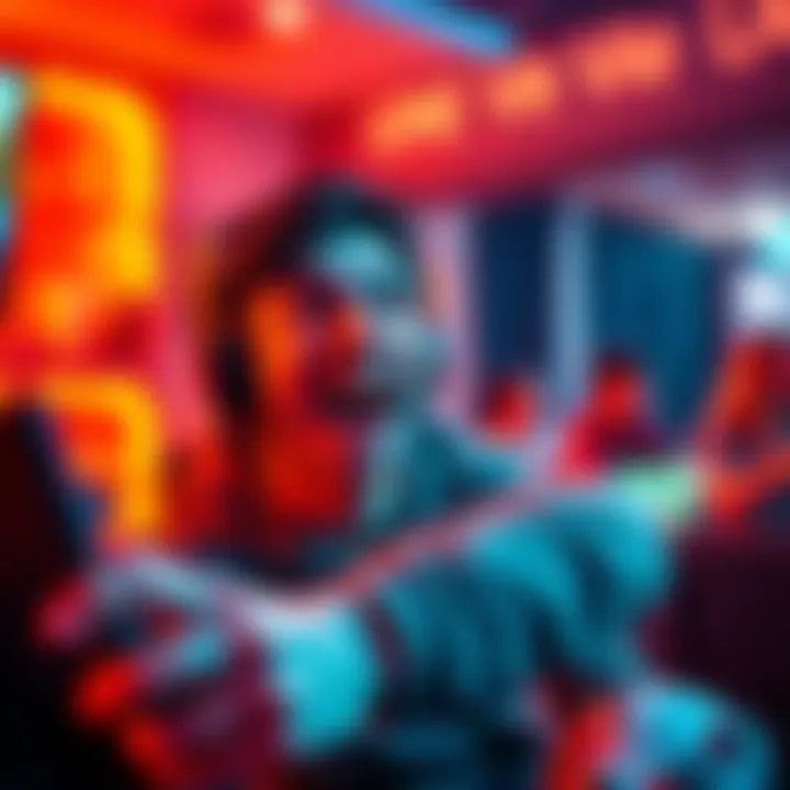 A person with a joyful expression playing a video game on a console, immersed in a vibrant gaming environment.