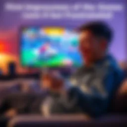 A person sitting on a couch, holding a video game controller, showing a mix of excitement and frustration. The TV screen displays a colorful game scene with visible hacking glitches.