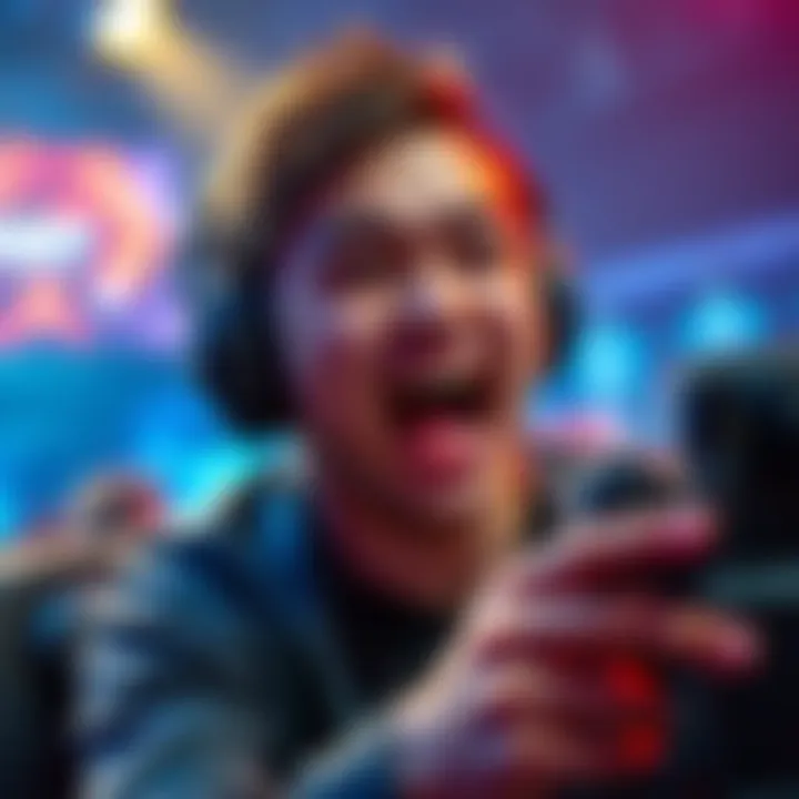 Excited gamer in event mode A gamer intensely focused on a game, showing sweat and excitement during event mode gameplay