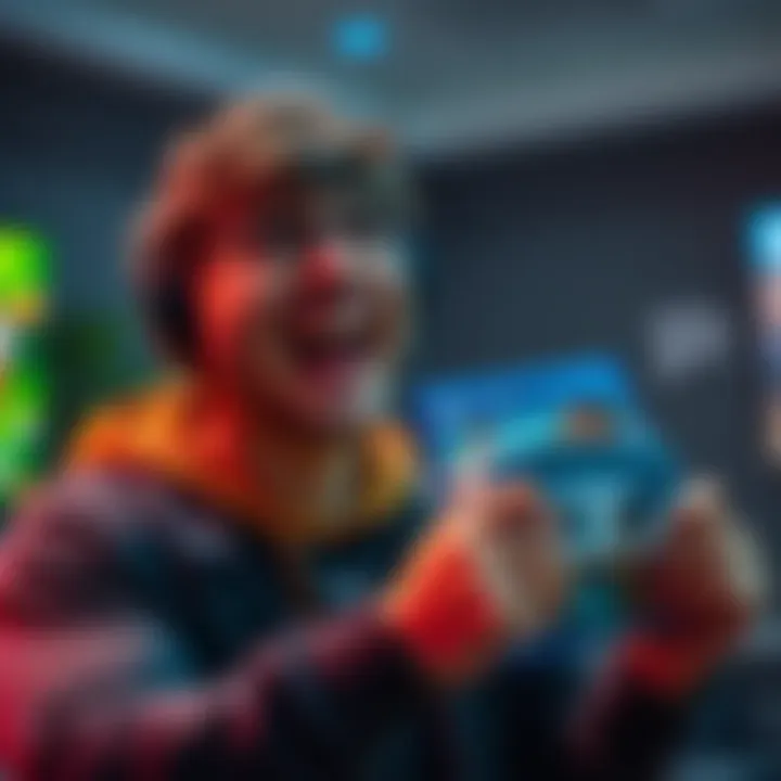 A gamer grinning widely while holding a newly purchased video game, ready for new adventures.