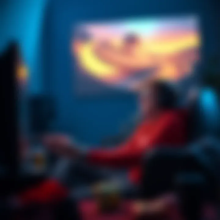 A gamer sits in a dimly lit room, intensely focused on the screen, surrounded by gaming gear and snacks, showing a mix of joy and surprise as they play a gripping game.