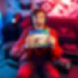 A happy person holding a newly purchased video game, surrounded by gaming gear and a console, showing excitement