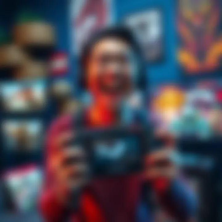 Excited gamer with Steamdeck A happy person holding a Steamdeck gaming device, surrounded by popular RPGs and adventure games