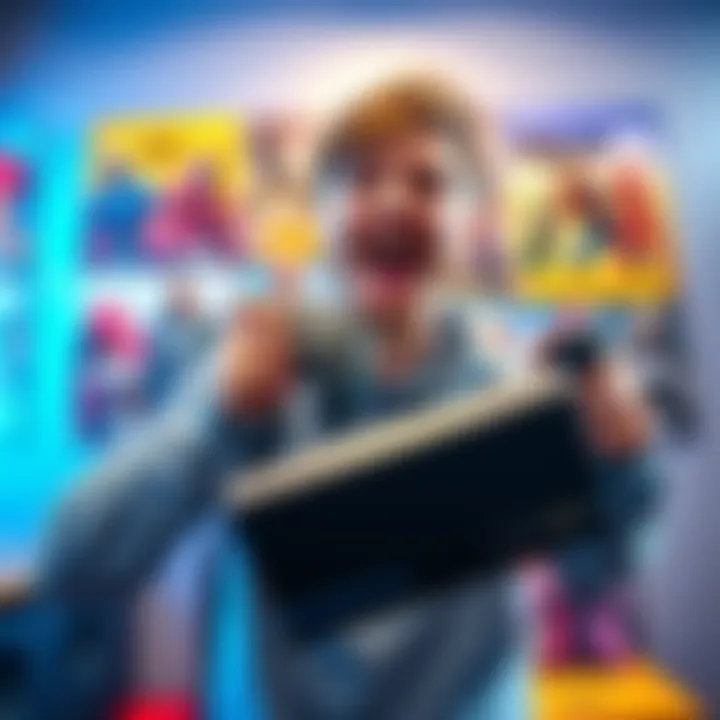 A gamer holding a gaming console, excited to start playing a new franchise after a sale, with posters of game characters in the background.
