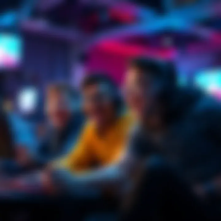 A group of diverse gamers enthusiastically playing a multiplayer action game together, sharing positive vibes and laughter.