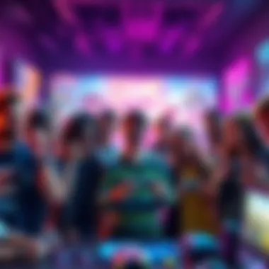 A group of diverse gamers eagerly discussing the upcoming game release, surrounded by game posters and merchandise.