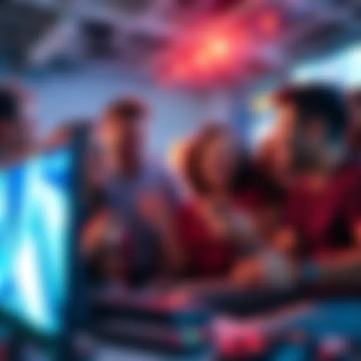 A group of excited gamers discussing and sharing their anticipation for an upcoming game release in a lively setting