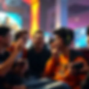 Group of gamers looking at screens, discussing their favorite video game franchises