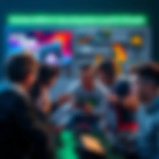 A group of gamers animatedly discussing a future game launch, surrounded by gaming posters and tech gadgets.