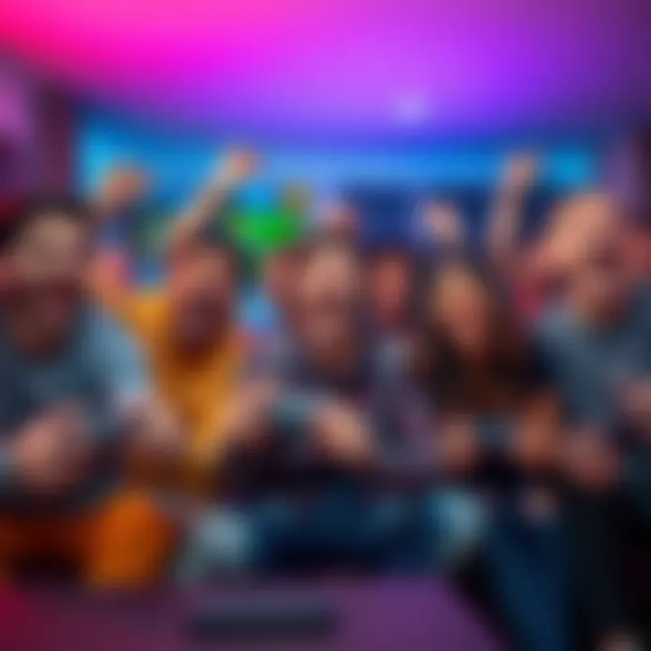 A group of diverse gamers celebrating with joy while playing new video games at home