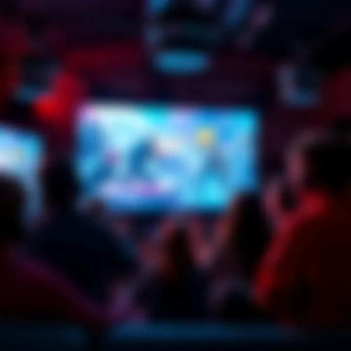 A group of enthusiastic gamers gathered around a screen, eagerly watching a new game trailer with bright visuals and excitement in the room.