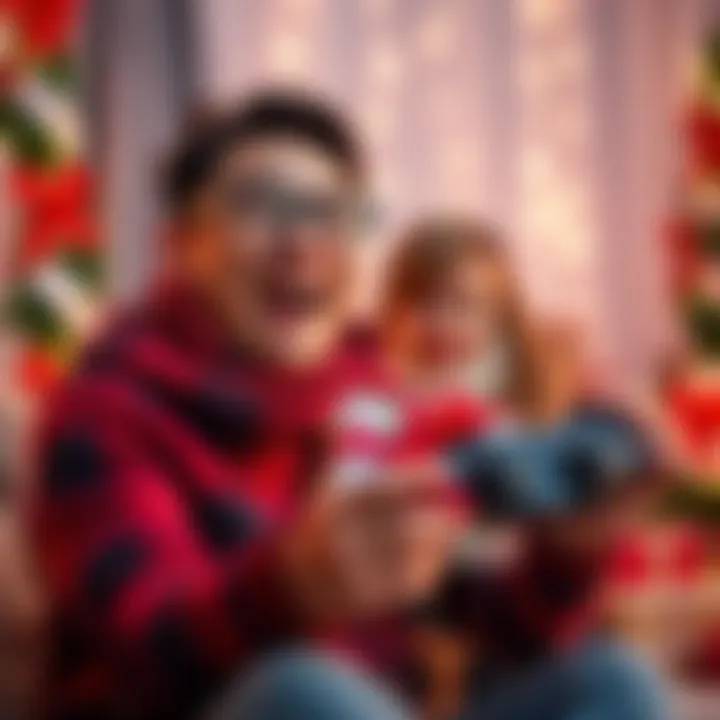 A parent holding a new video game with a joyful expression, surrounded by festive decorations.
