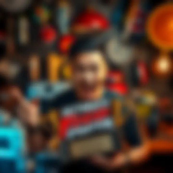 Person with a surprised expression holding a trophy labeled Ultimate Food Fighter, surrounded by kitchen items and gaming gear.