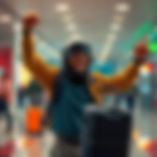 A thrilled player celebrating after reaching diamond rank, with a suitcase ready for a flight in the background.