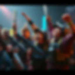 Excited players celebrating new weapons Group of PVE players joyfully reacting to receiving new weapons and leveling up in a gaming environment