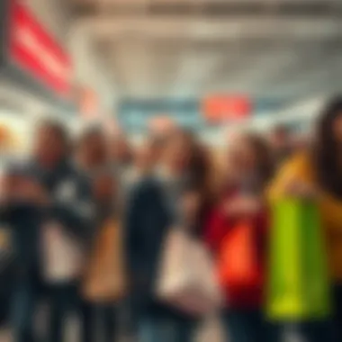 A group of enthusiastic shoppers holding shopping bags and looking at products with excitement.