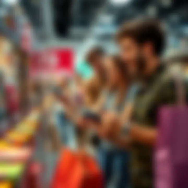 A group of happy shoppers looking at discounted products in a store