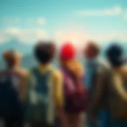 A group of happy travelers with backpacks, looking towards a beautiful landscape, filled with excitement for their upcoming journey