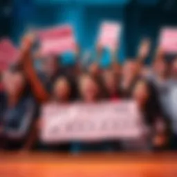 A group of diverse people enthusiastically celebrating together, holding signs and cheering with excitement for the phrase 'Less F***ing GOOOOOOOOO'.