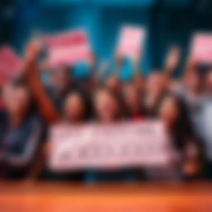 A group of diverse people enthusiastically celebrating together, holding signs and cheering with excitement for the phrase 'Less F***ing GOOOOOOOOO'.