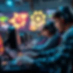 A group of gamers engaged in an intense 6v6 match, showcasing teamwork and strategy on their screens.