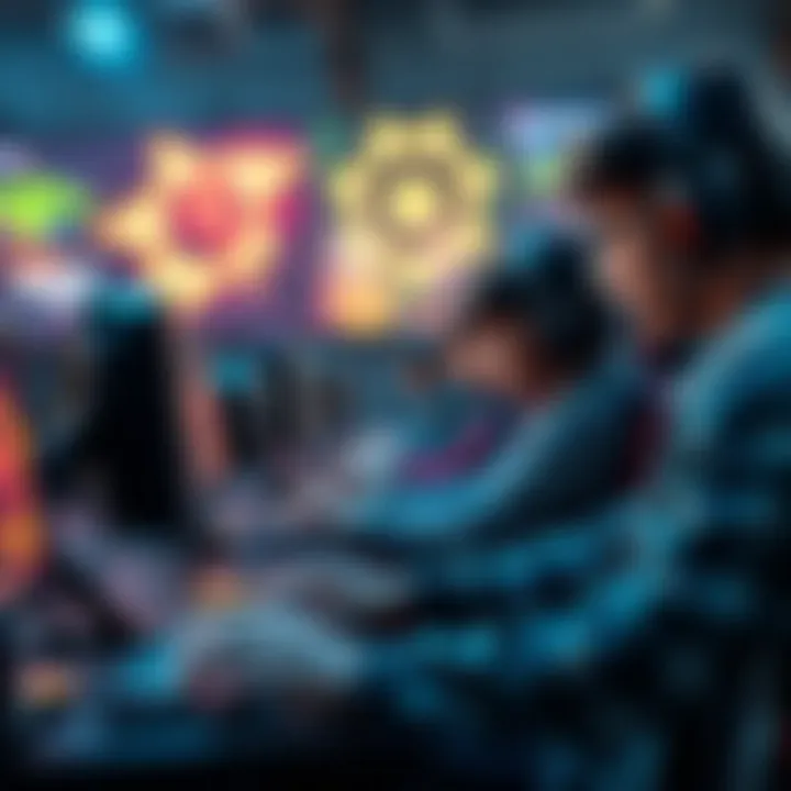 A group of gamers engaged in an intense 6v6 match, showcasing teamwork and strategy on their screens.