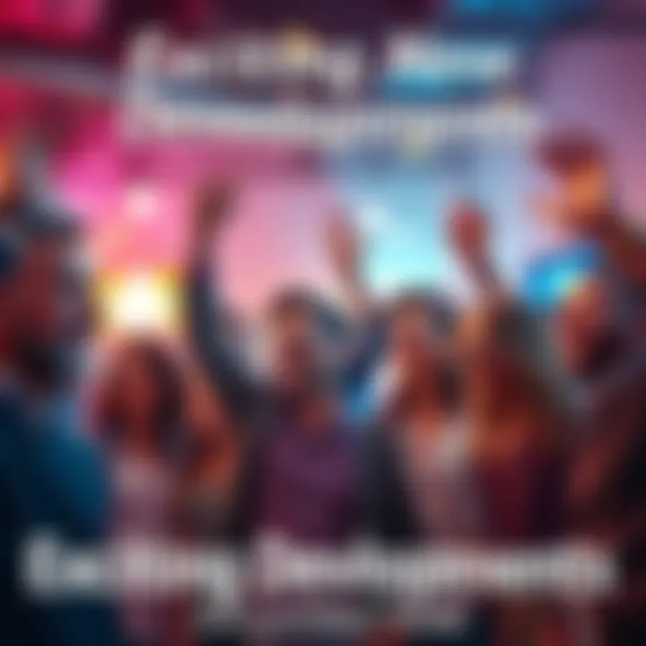 A group of people celebrating and discussing recent news developments with smiles and enthusiasm in a vibrant setting.