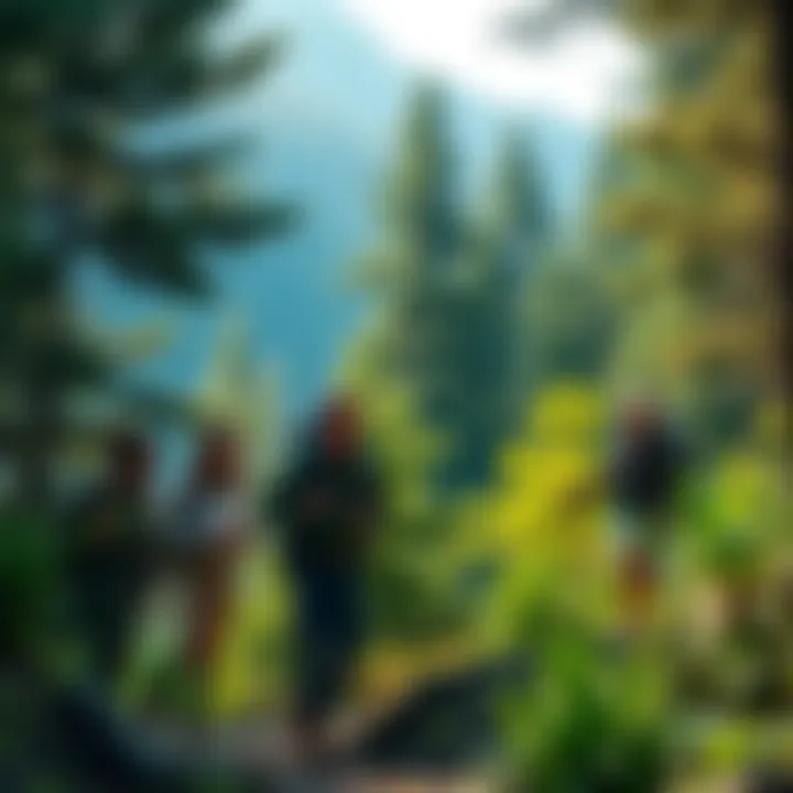 A group of adventurers hiking through a lush forest, sharing stories and laughter, surrounded by nature.