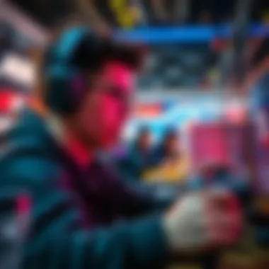 A gamer intensely engaged in a fast-paced video game, showcasing quick action and excitement on the screen.