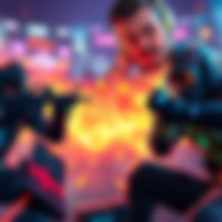 Players engaged in fast-paced multiplayer first-person shooter gameplay featuring colorful graphics and action