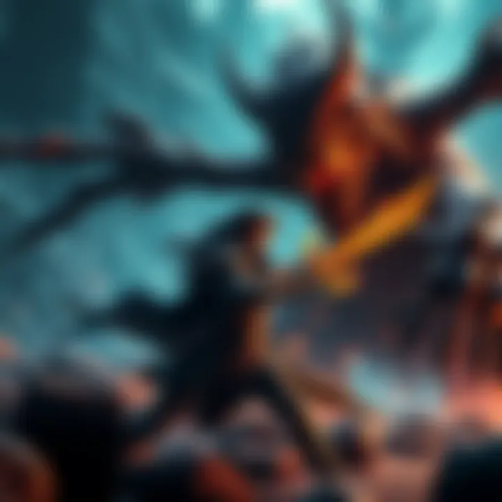 A character in dark armor battling a fearsome creature in a dynamic environment, showcasing intense action from a Soulslike game.