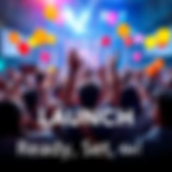 A group of people cheering and celebrating at a launch event with colorful balloons and banners