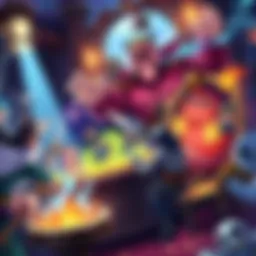 A colorful illustration showing players engaged in a lively gameplay session during the Pre-Release Tavern Brawl, with various cards and characters featured prominently.