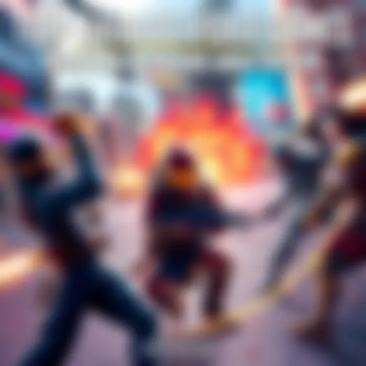 Dynamic scene featuring popular video game characters engaged in epic battles, showcasing their unique abilities and colorful environments