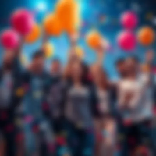 A group of happy people celebrating a big announcement with confetti and balloons