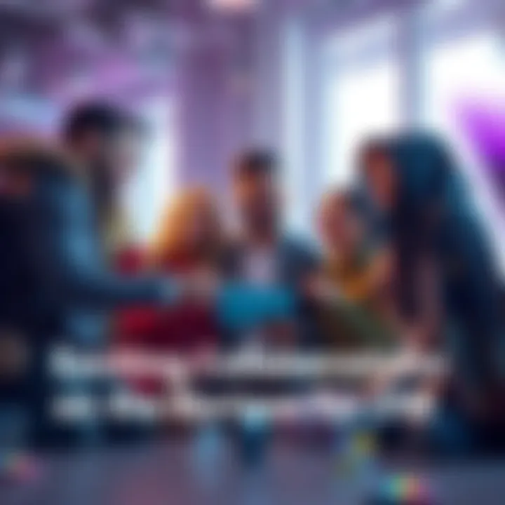 A group of diverse characters from OW collaborating and discussing with enthusiasm