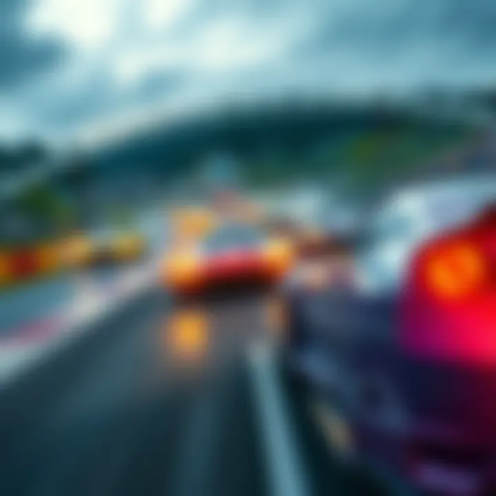 A high-speed car racing scene with multiple colorful cars competing on a racing track