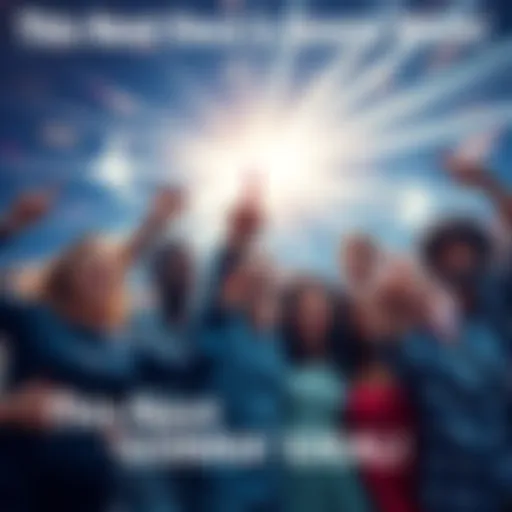 A group of diverse people looking excited and pointing towards bright lights symbolizing new opportunities