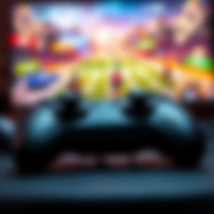 A gaming controller rests on a table with a vibrant game screen in the background, highlighting action-packed gameplay.