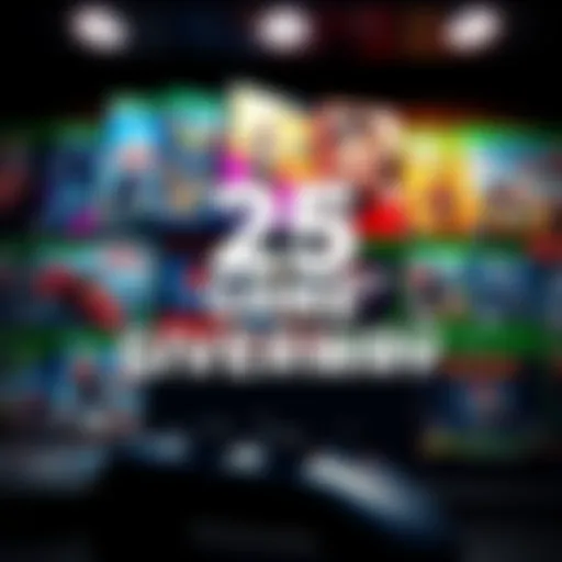 A colorful display of 25 video game cases for a giveaway event, featuring various game genres and artwork to attract gamers.