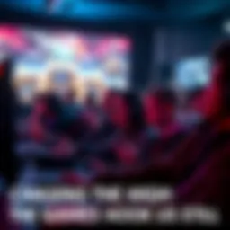 A group of gamers intensely focused on their screens, showcasing various game characters and action scenes, capturing the thrill of gameplay.