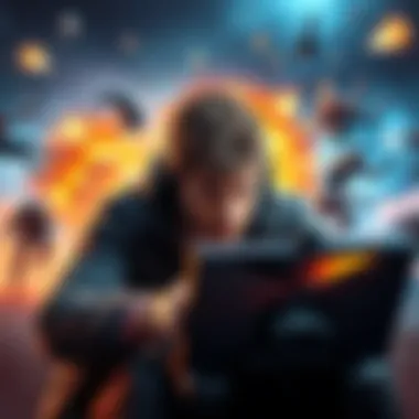 Exciting Gameplay Action A player intensely focused on a video game, surrounded by images of explosions and fast-paced action, showcasing high-energy gameplay.