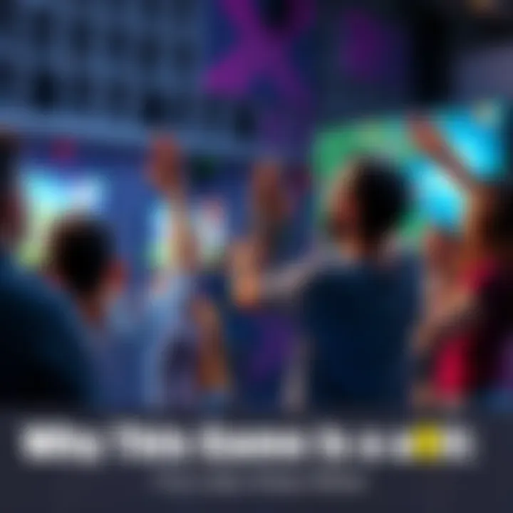 A group of players excitedly watching a game on a large screen, sharing cheers and high-fives